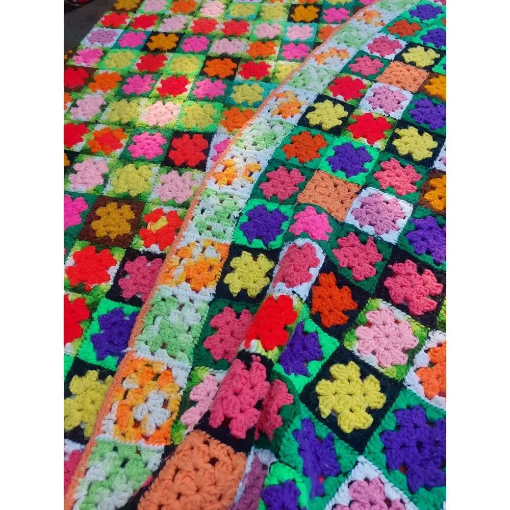 VTG Large Handmade Crochet Afghan Granny Square Blanket Hand Sewn Made Dopamine
